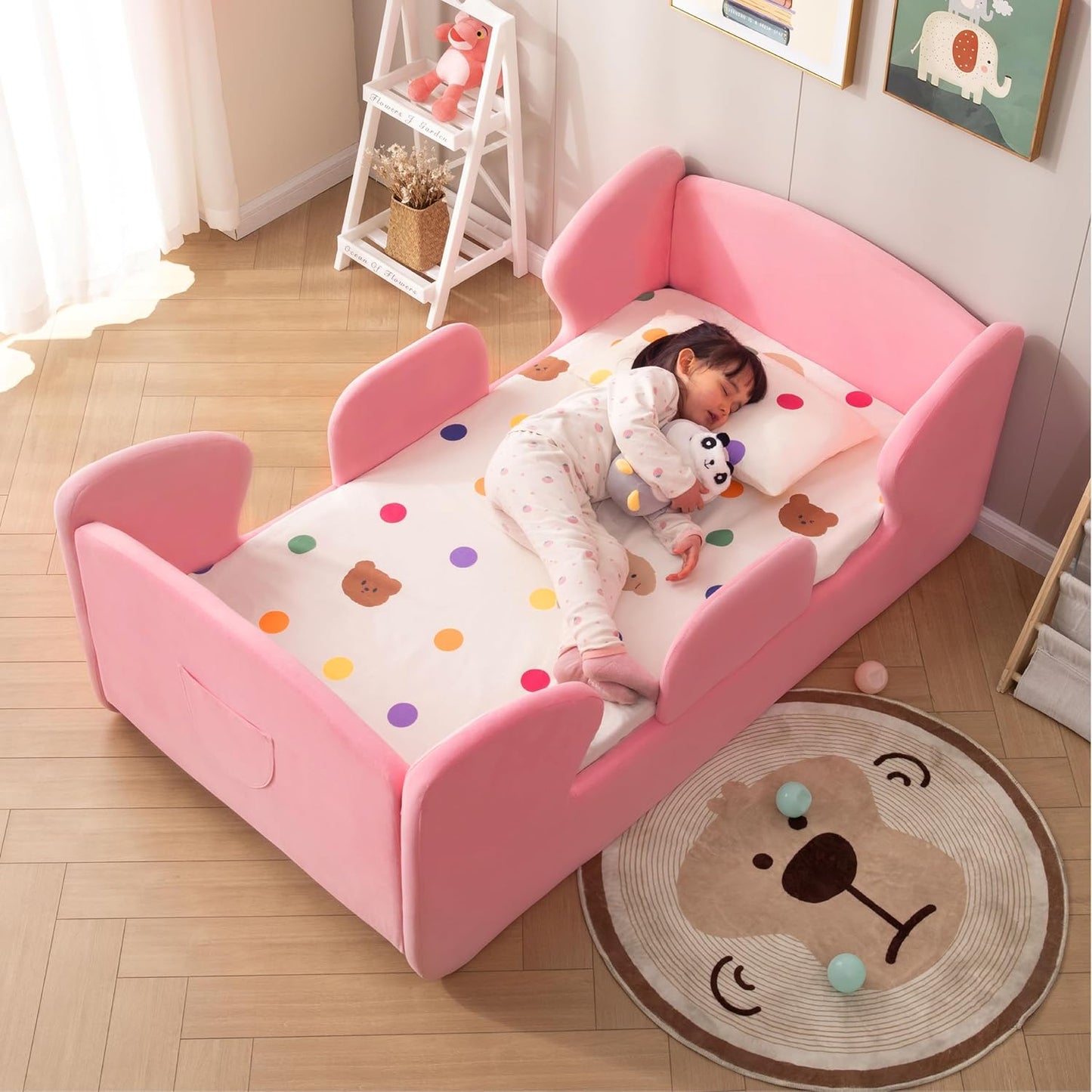 Toddler Floor Bed Frame with Safety Rails and Storage Bag