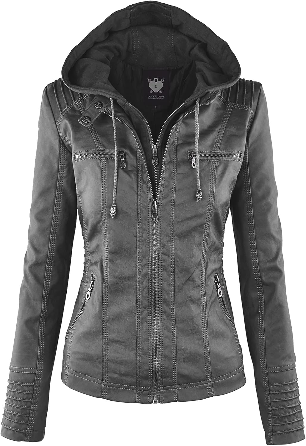 Stylish Faux Leather Moto Biker Jacket with Removable Hood