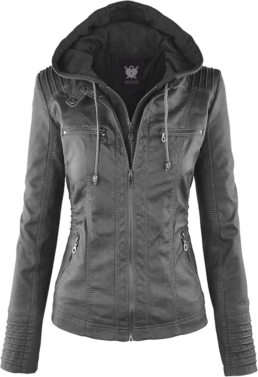 Stylish Faux Leather Moto Biker Jacket with Removable Hood