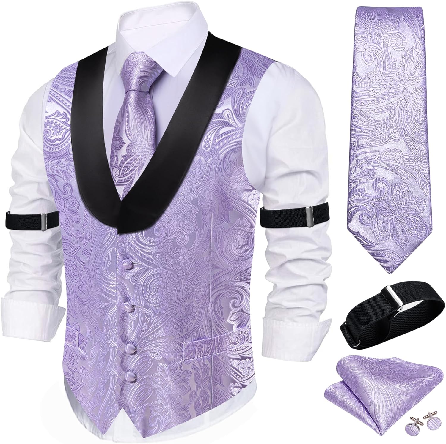 Barry.Wang Mens Silk Lapel Vest Tie Sleeve Holder Set for Weddings