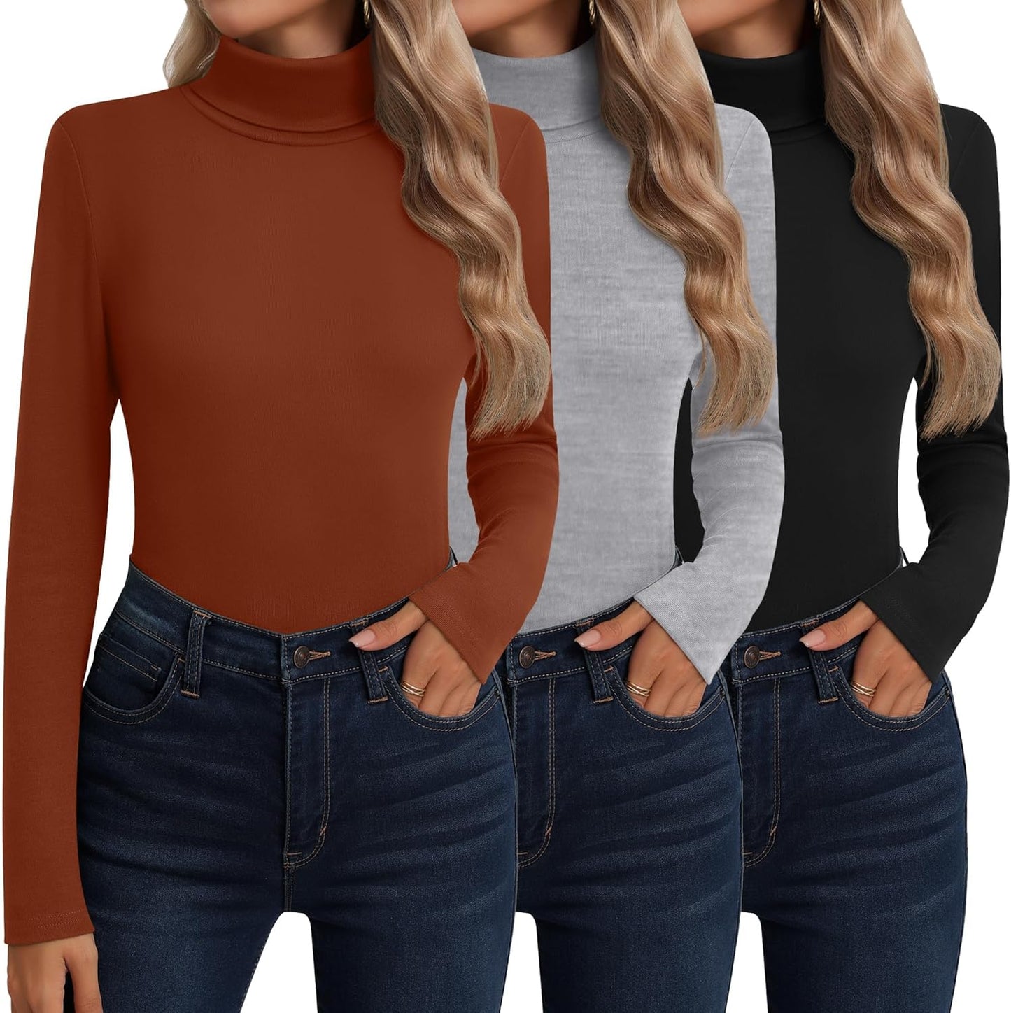 Neer 3 Pack Cotton Women's Turtleneck Long Sleeve Tops