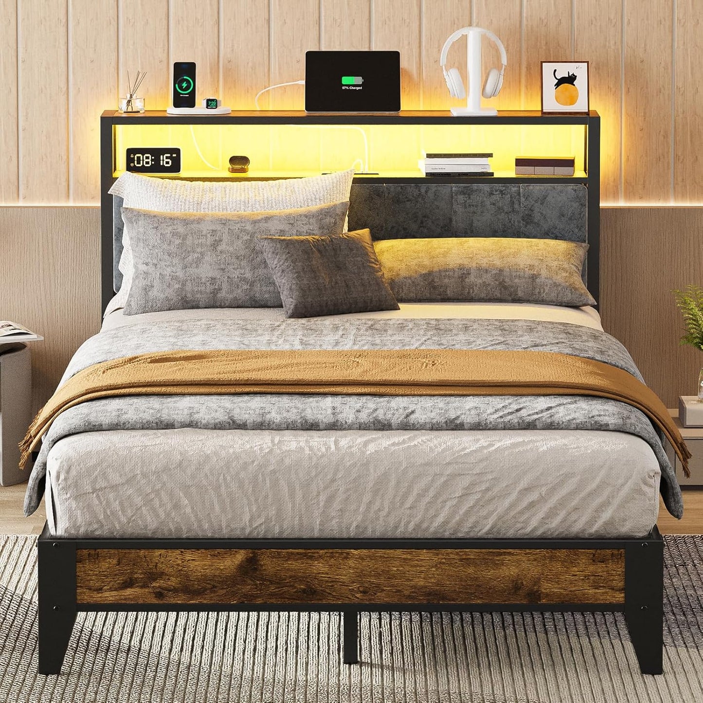OLEVS Full Bed Frame with Headboard and LED Light Features