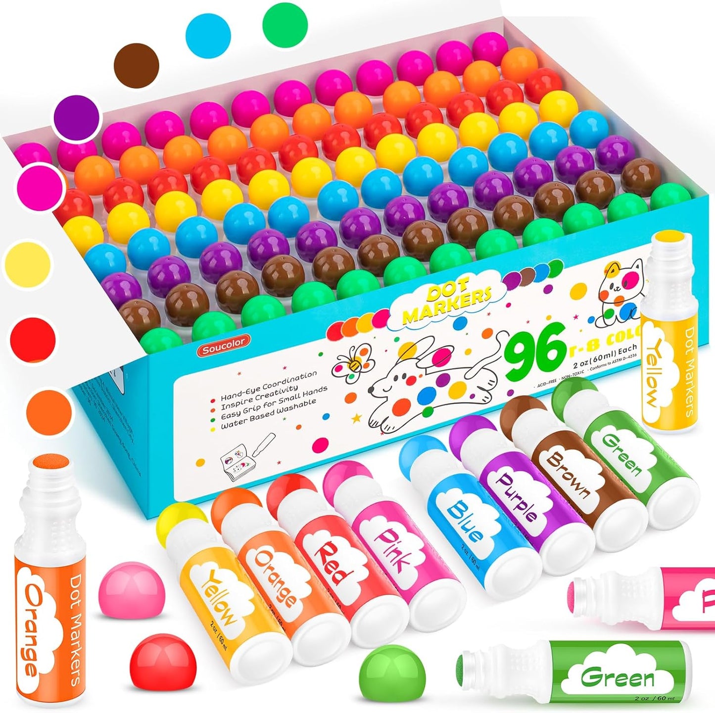 Soucolor 96-Pack Washable Dot Markers for Kids & Toddlers Fun