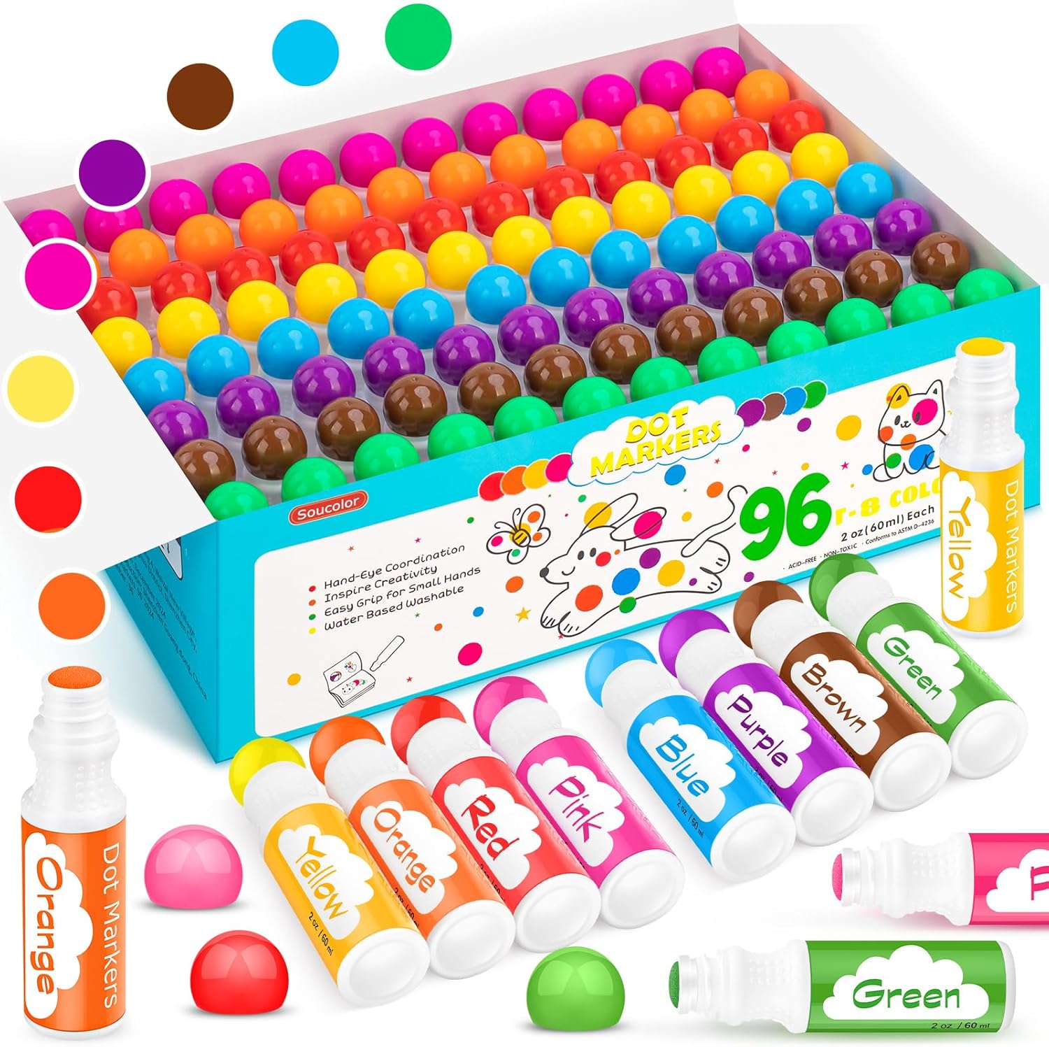 Soucolor 96-Pack Washable Dot Markers for Kids & Toddlers Fun
