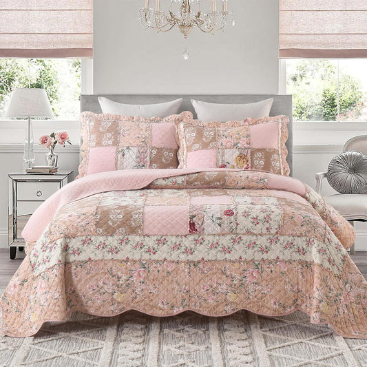 Yvooxny King Size Patchwork Pink Floral Quilt Set for All Seasons