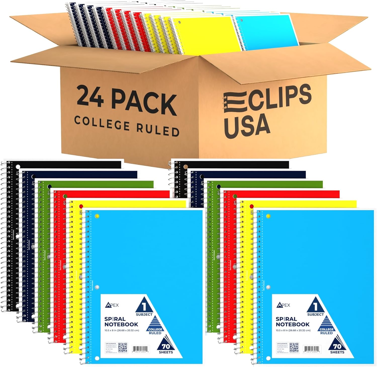 E-CLIPS USA Spiral Notebook - College Ruled, 70 Sheets, 6 Colors