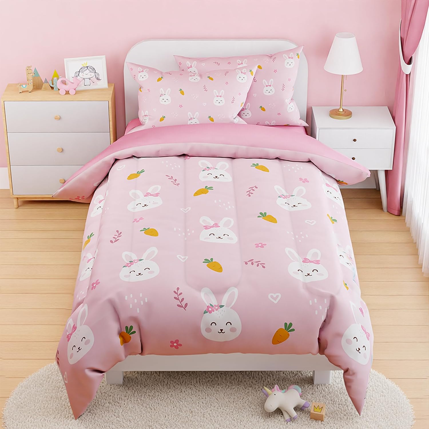 SANDJEST Rabbit Comforter Set for Kids Girls Twin Size Bedding