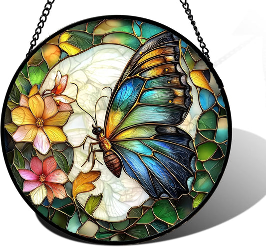 Stained Glass Window Hanging Butterfly Flower Suncatcher Decor