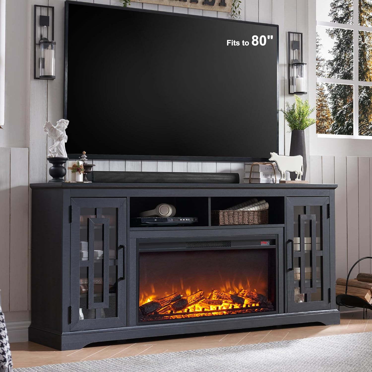Farmhouse Highboy TV Stand w/ Electric Fireplace