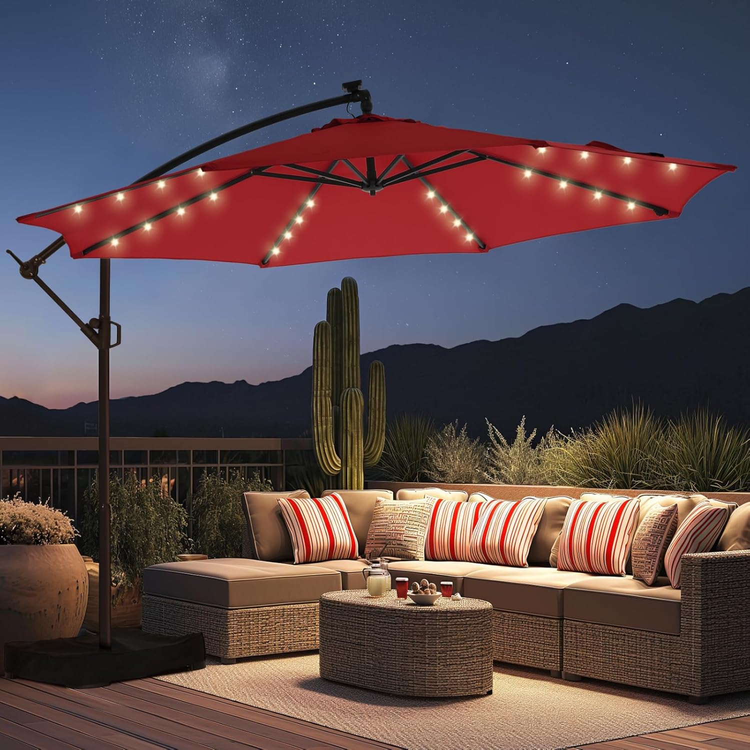 10ft Solar Lights Offset Cantilever Patio Umbrella with Base