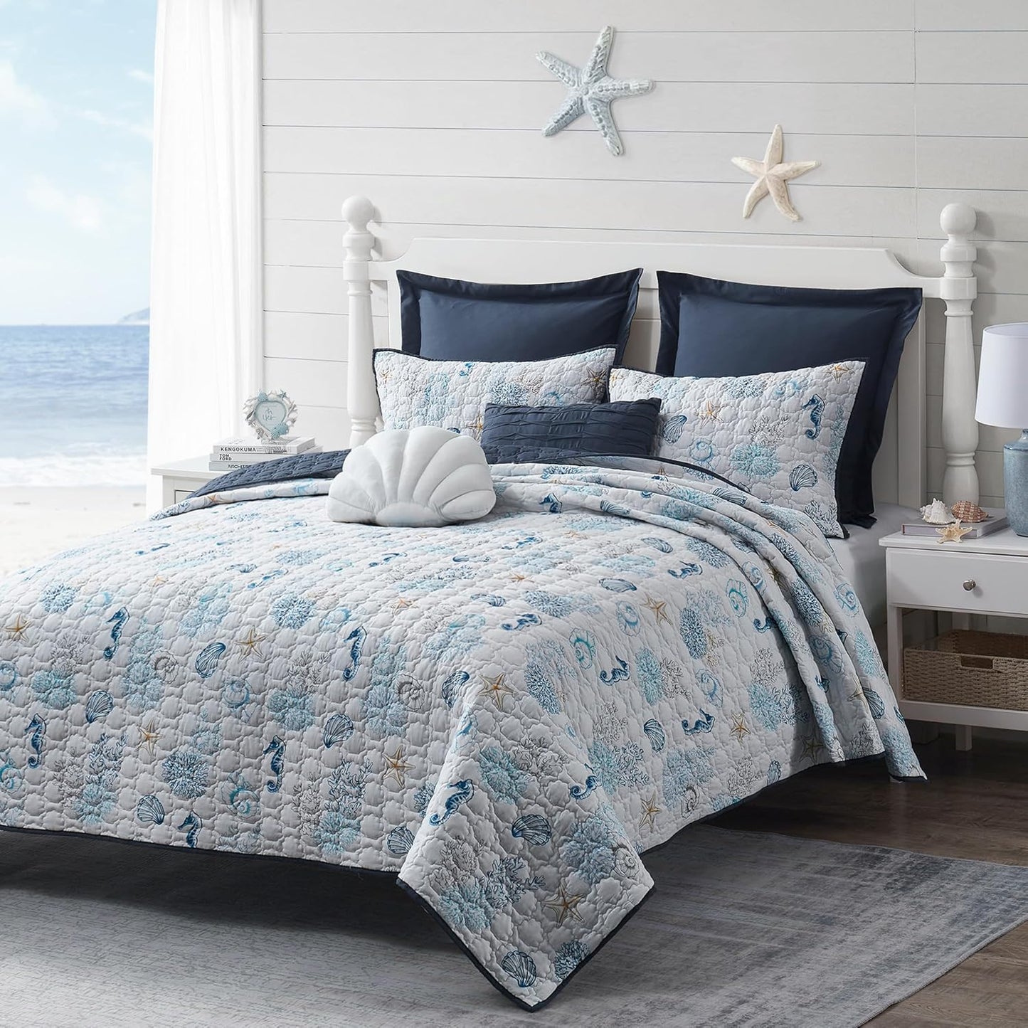 Coastal Quilt Set King Size with Nautical Beach Design and Shams