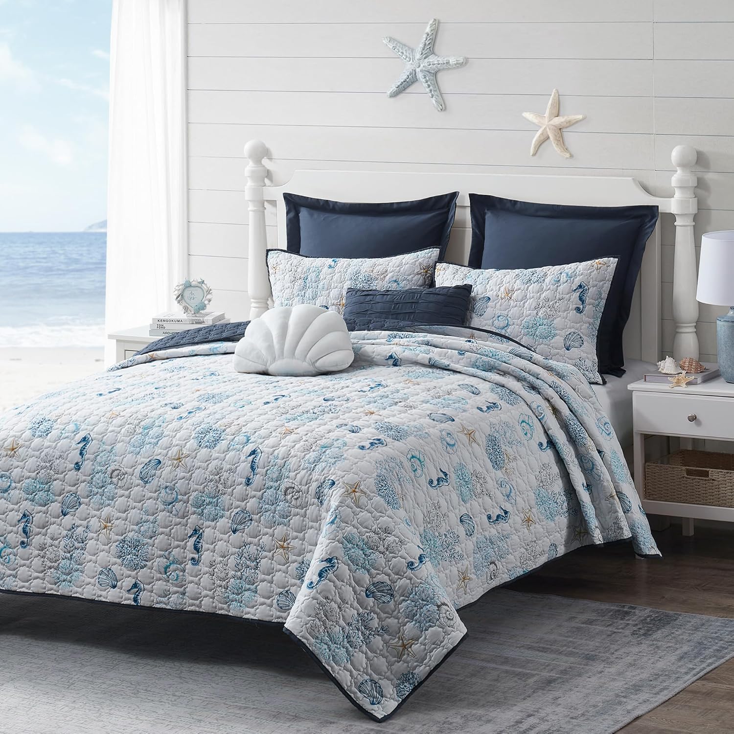 Coastal Quilt Set King Size with Nautical Beach Design and Shams