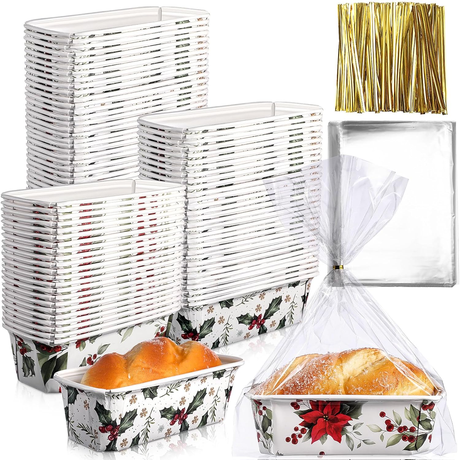 100 Sets Christmas Paper Loaf Pan for Baking and Storage