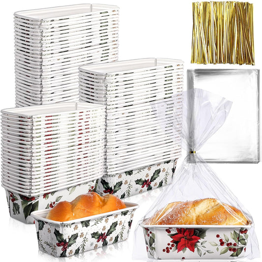 100 Sets Christmas Paper Loaf Pan for Baking and Storage