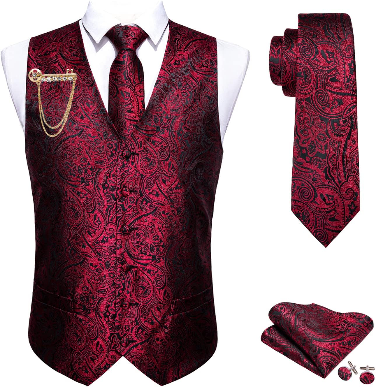 Barry.Wang Mens Suit Vest Set with Silk Jacquard Waistcoat