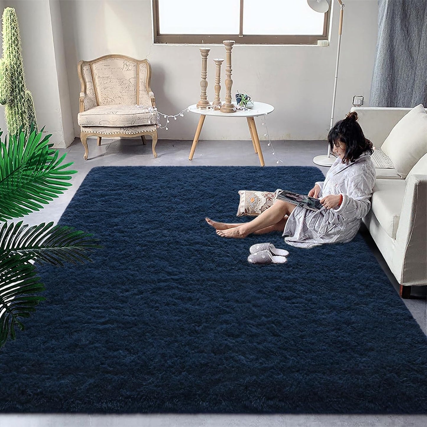 Fluffy Navy Blue Rugs for Bedroom Living Room, Soft Plush Shaggy