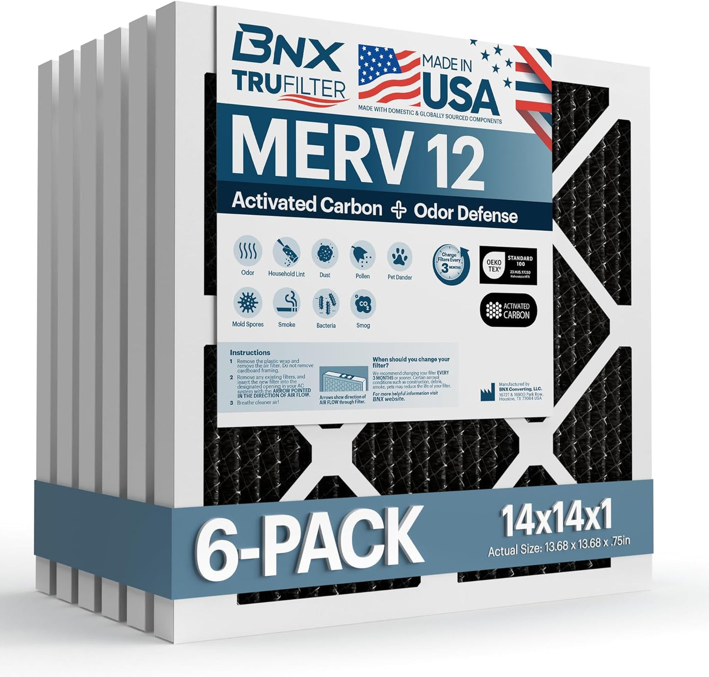 BNX TruFilter 14x14x1 MERV 12 Odor Defense Air Filters