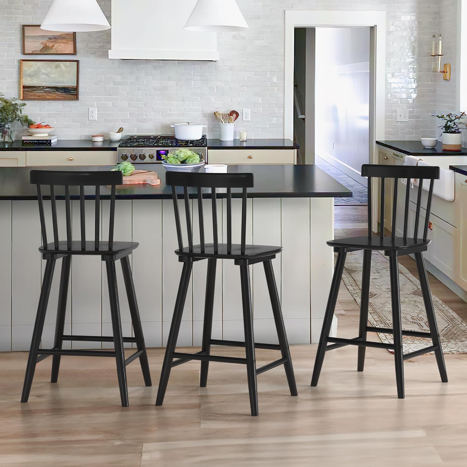 Windsor Wooden Bar Stools Set of 3 for Kitchen Island Use