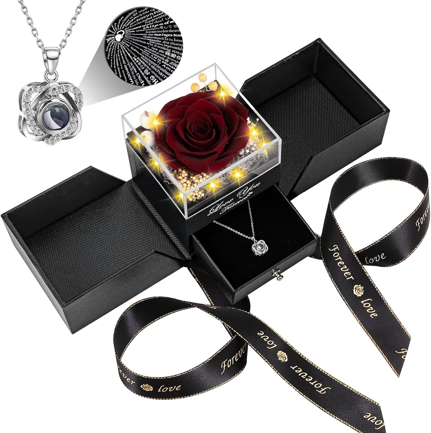 Preserved Wine Red Real Rose with Heart Necklace for Her Gifts