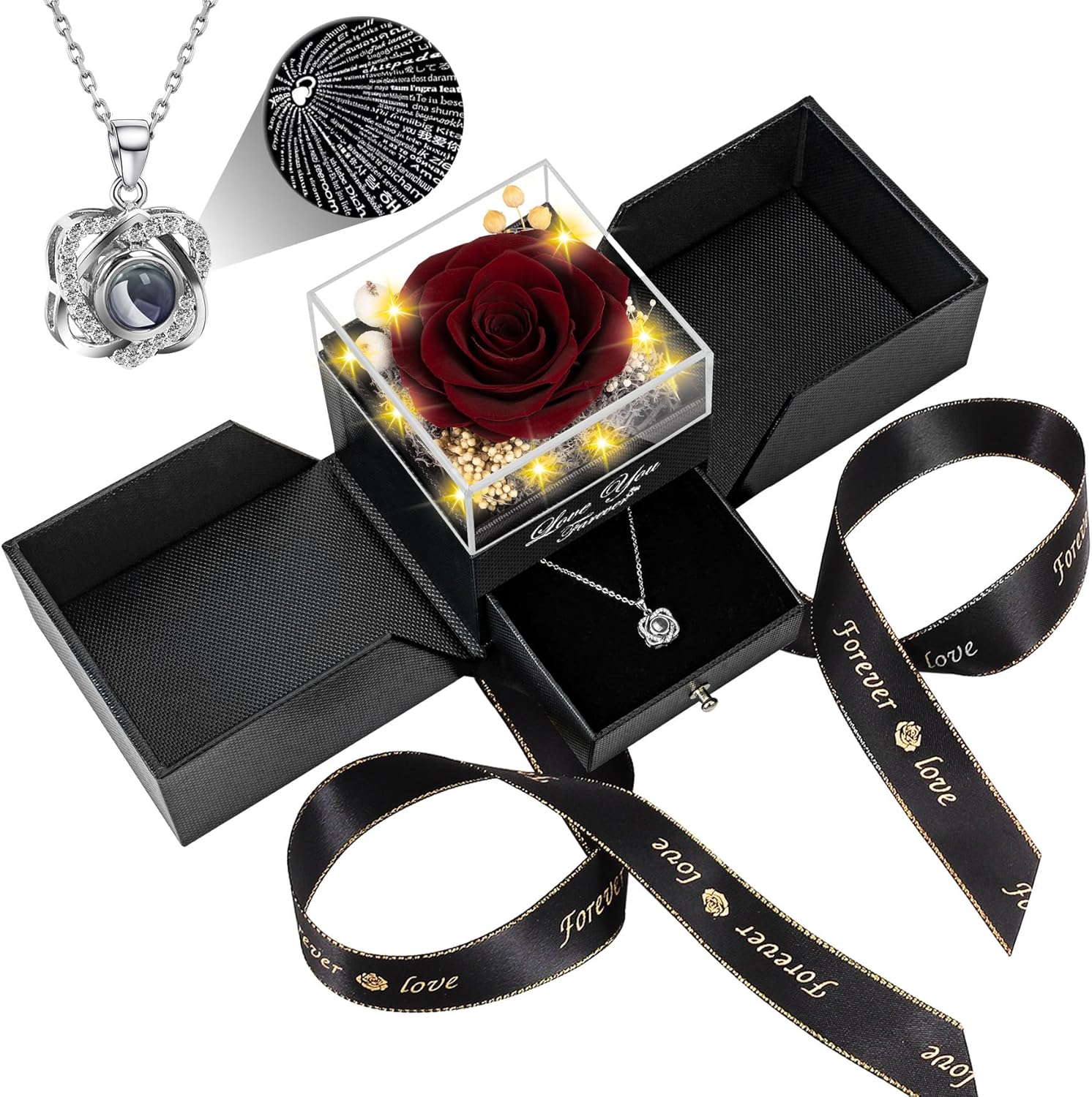 Preserved Wine Red Real Rose with Heart Necklace for Her Gifts