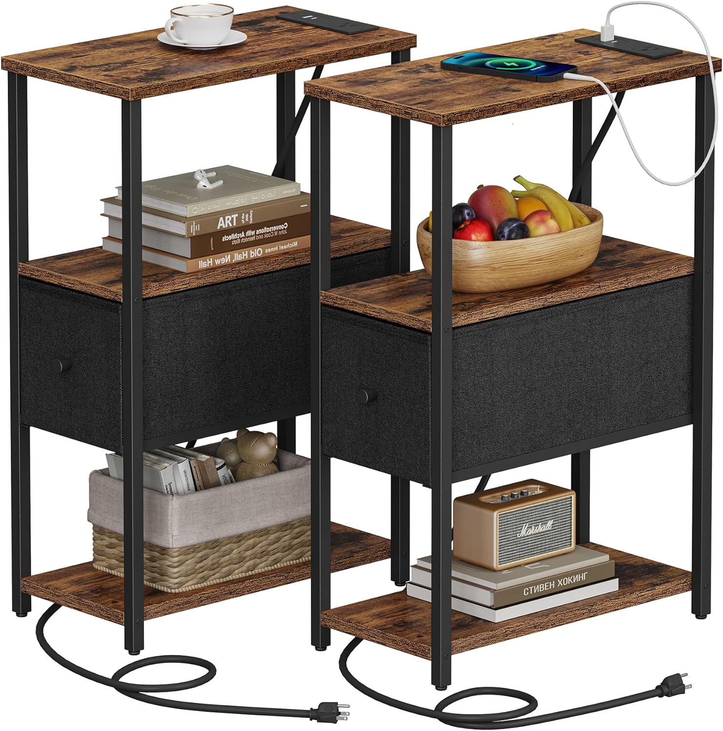 TUTOTAK Small Narrow End Table with Charging Station Set of 2