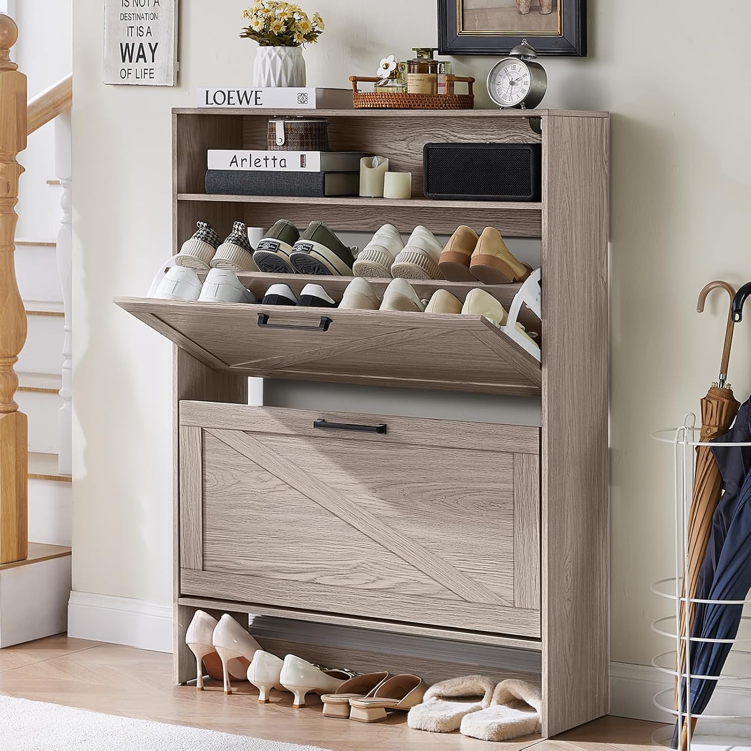 Shoe Storage Cabinet with 2 Flip Drawers for Entryway Use