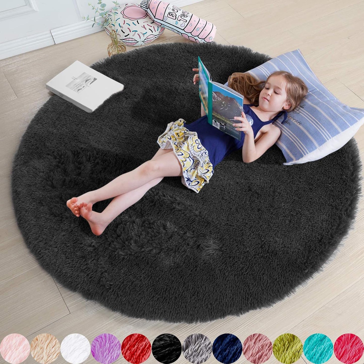 Black Round Rugs 5Ft for Bedroom Aesthetic and Living Room