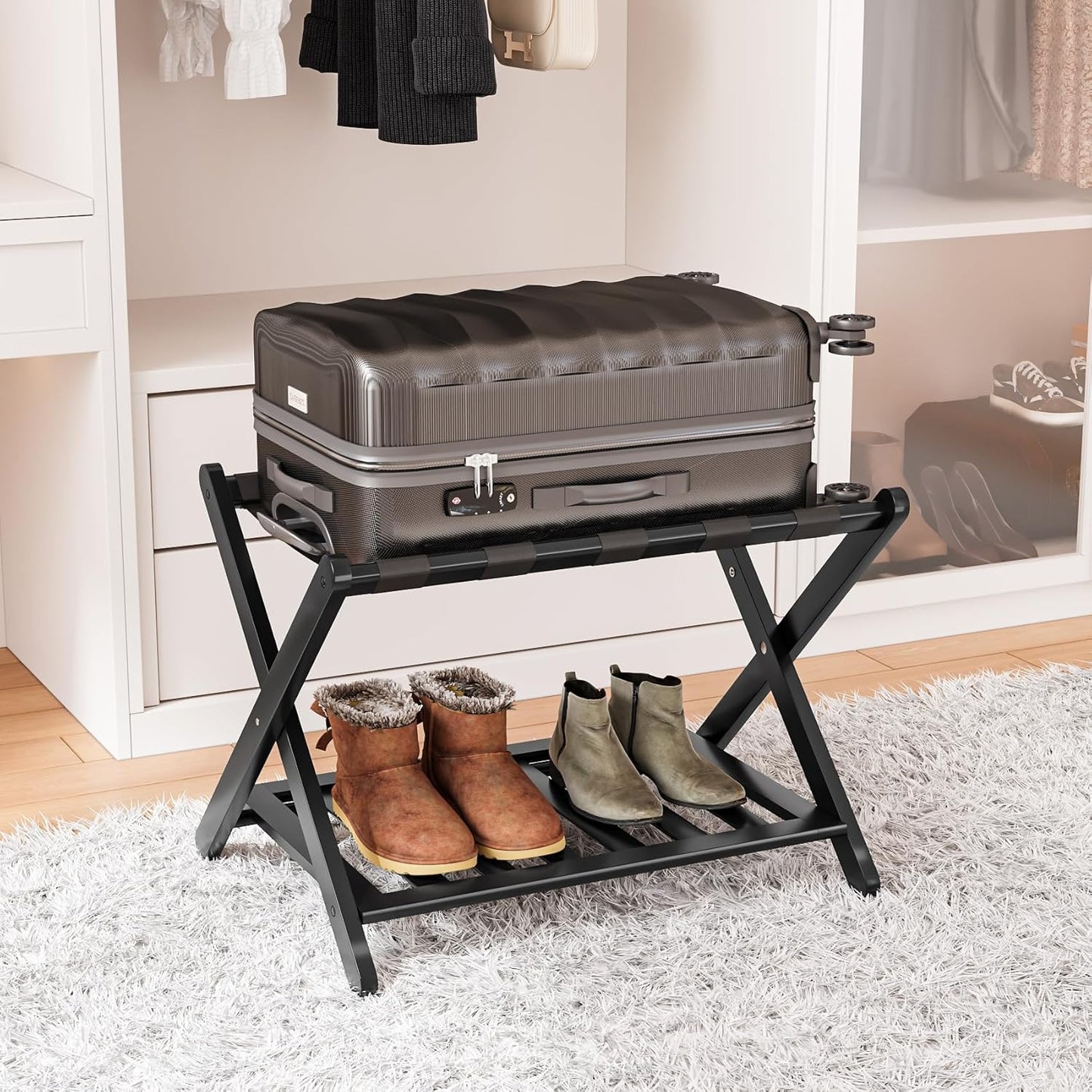 Fully Assembled Black Luggage Rack for Guest Room Convenience