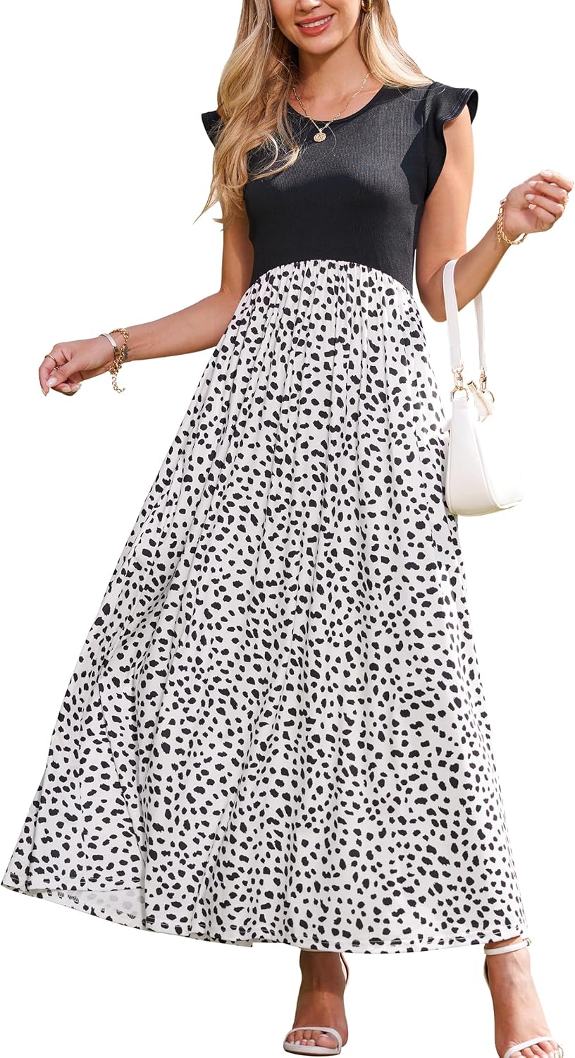 OUGES Women Maternity Sleeveless Maxi Dress with Pockets