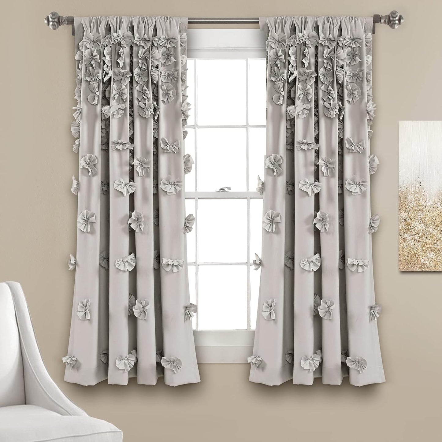 Riley Light Filtering Window Curtain Panel - Cute Gray Bow Decor