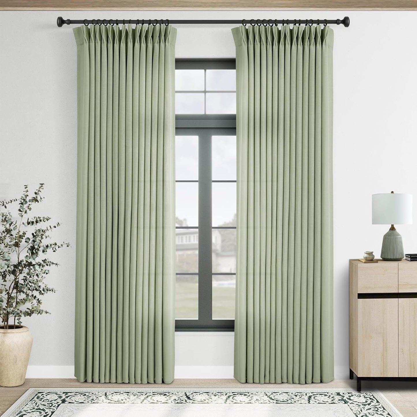 Pinch Pleated Sage Green Curtains for Living Room 90 in Long