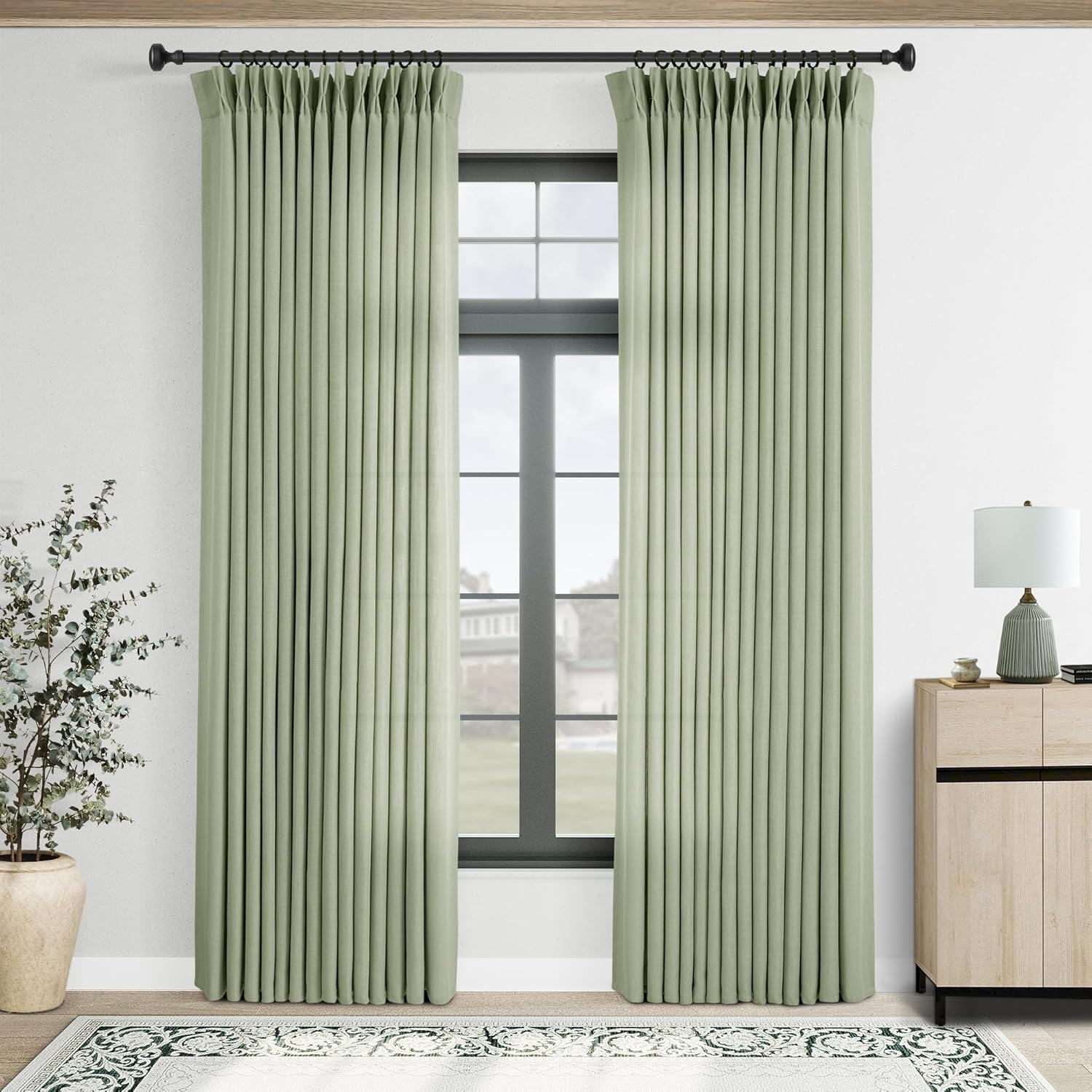 Pinch Pleated Sage Green Curtains for Living Room 90 in Long