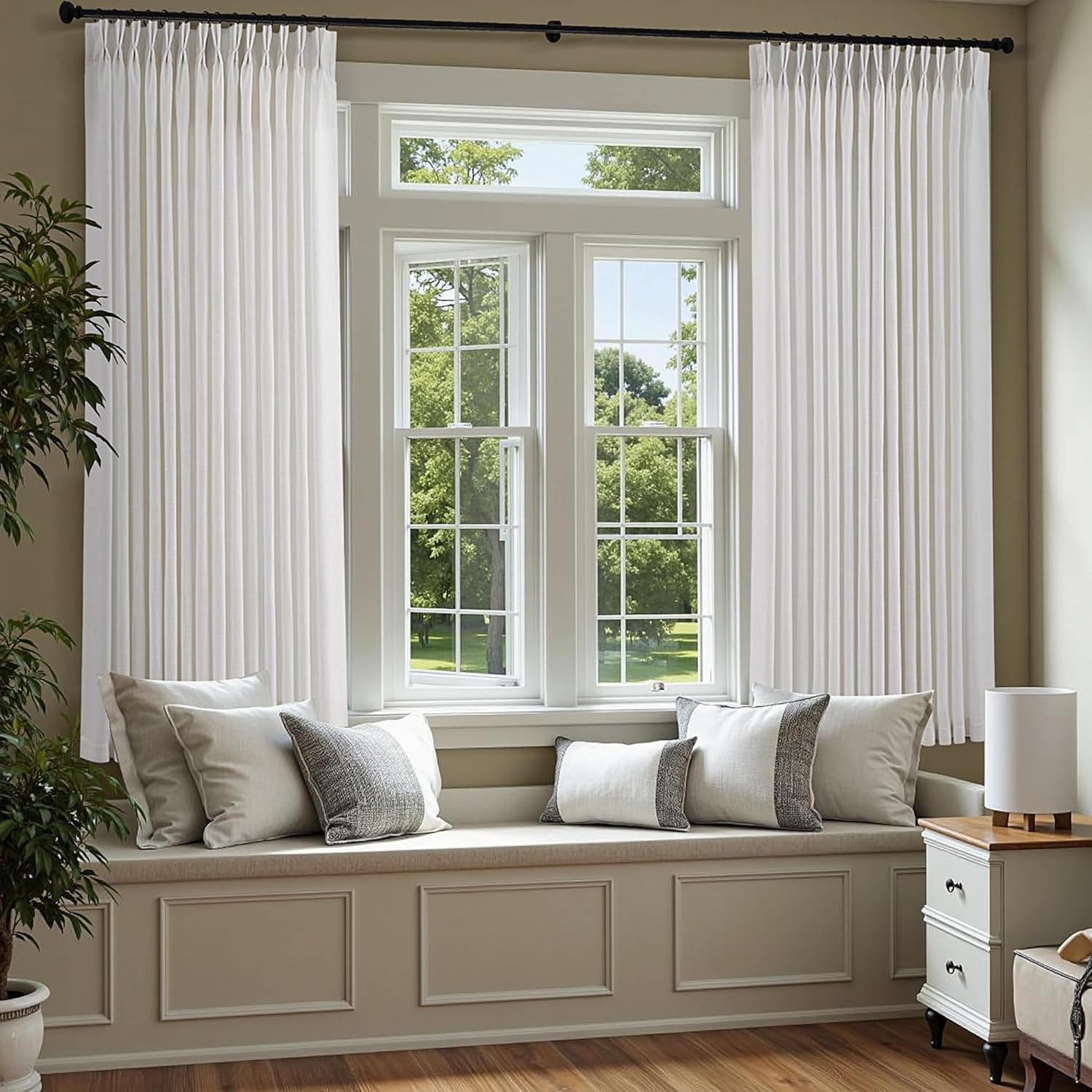 Beige White Pinch Pleated Linen Curtains for Modern Elegance