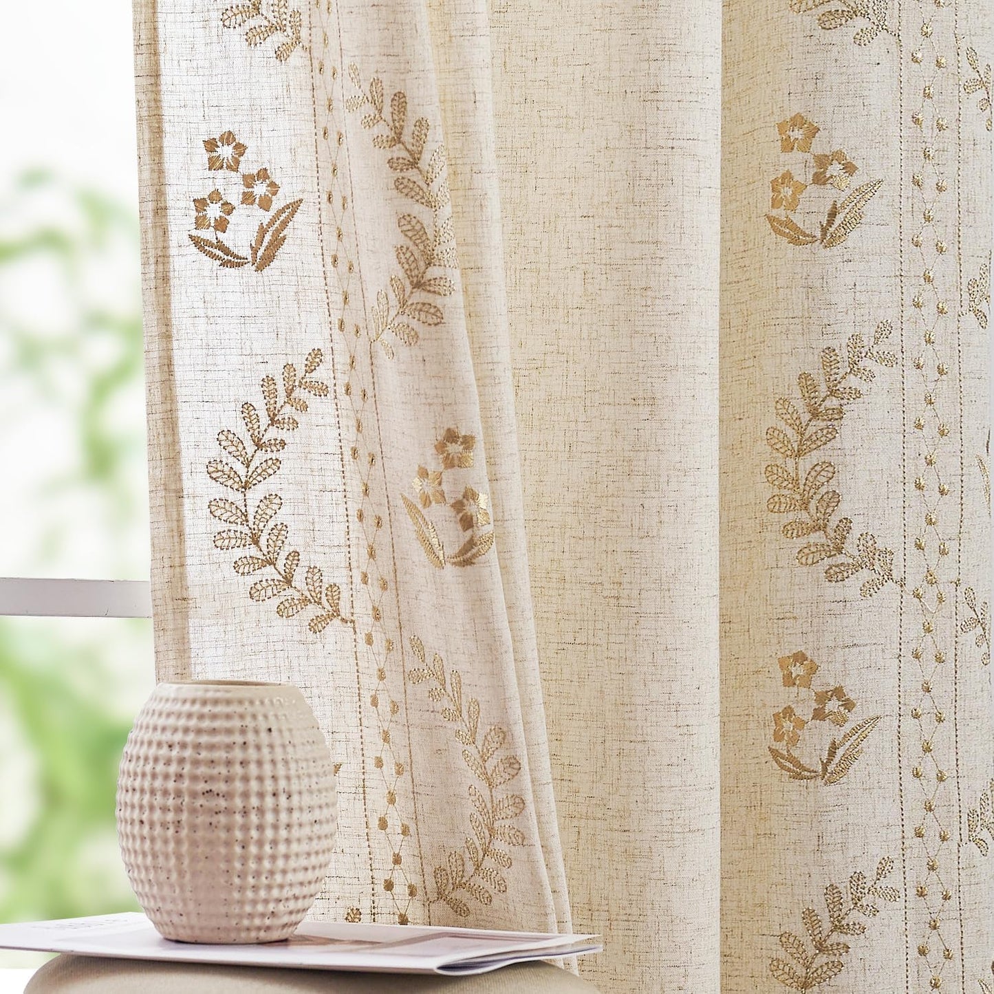 Floral Linen Curtains for Bedroom - Elegant 96 Inch Drapes