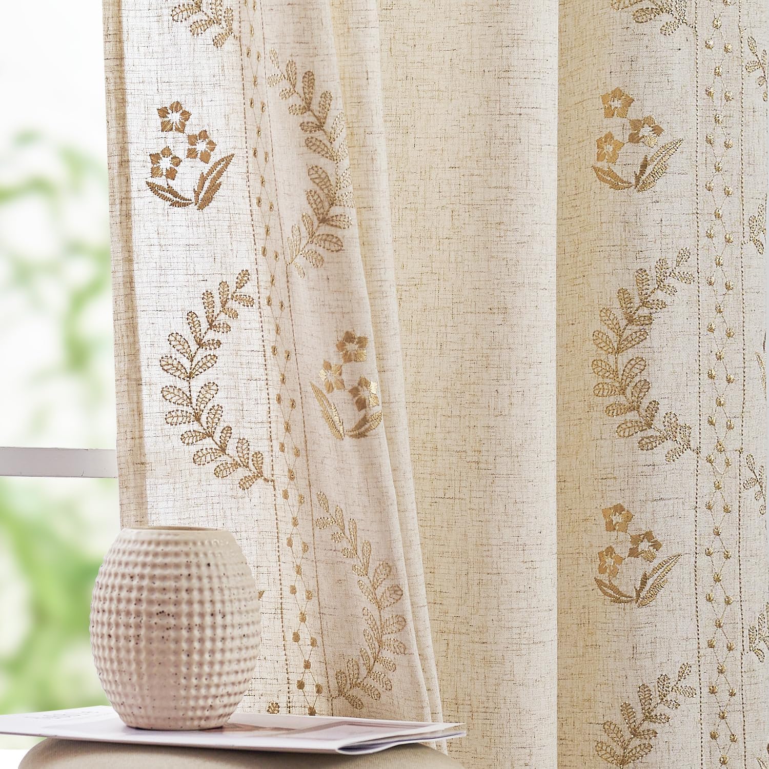 Floral Linen Curtains for Bedroom with Embroidered Design