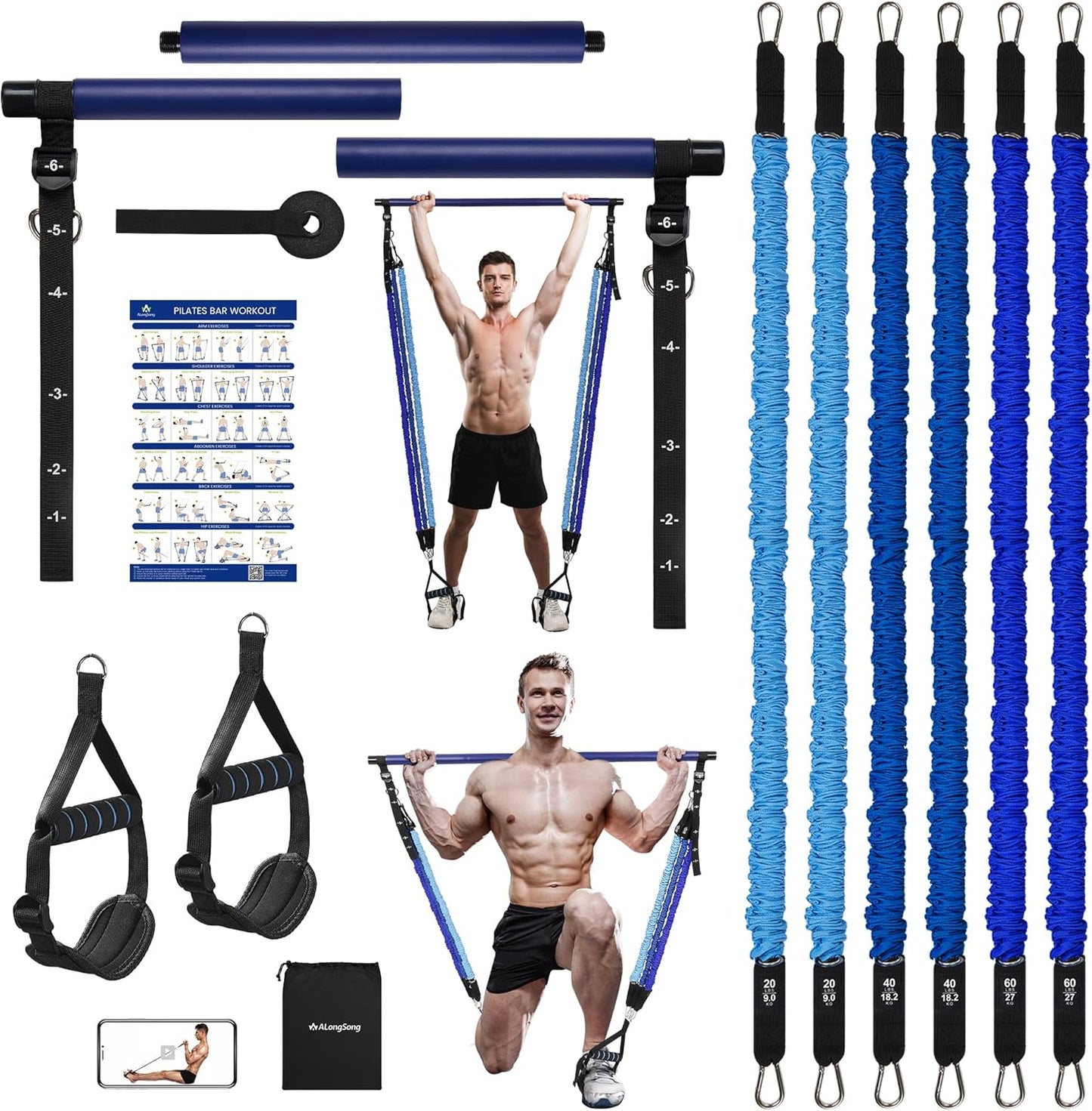 Upgraded Pilates Bar Kit with Resistance Bands for Home Gym
