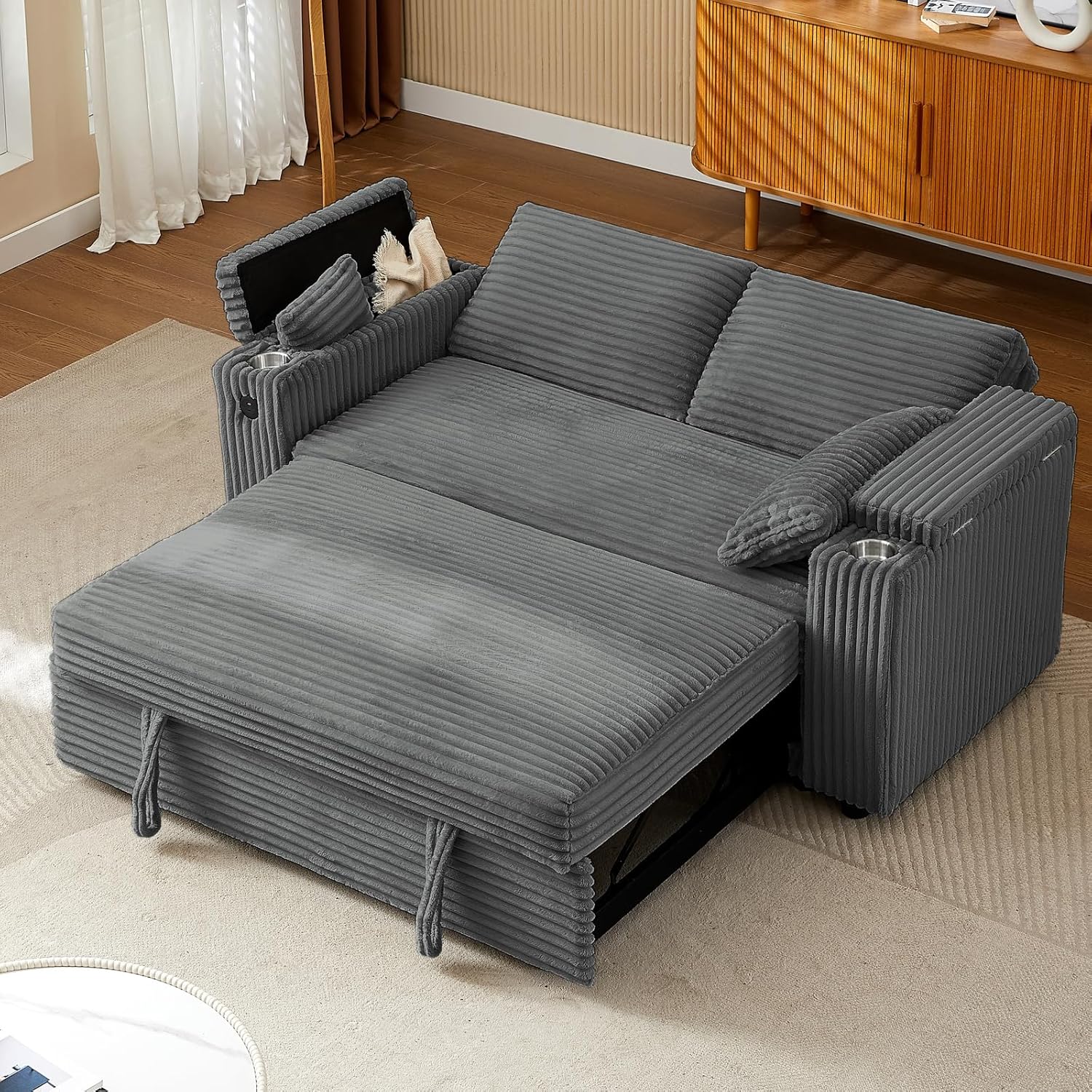 68.11 Corduroy Sleeper Chair Bed with USB Port and Storage