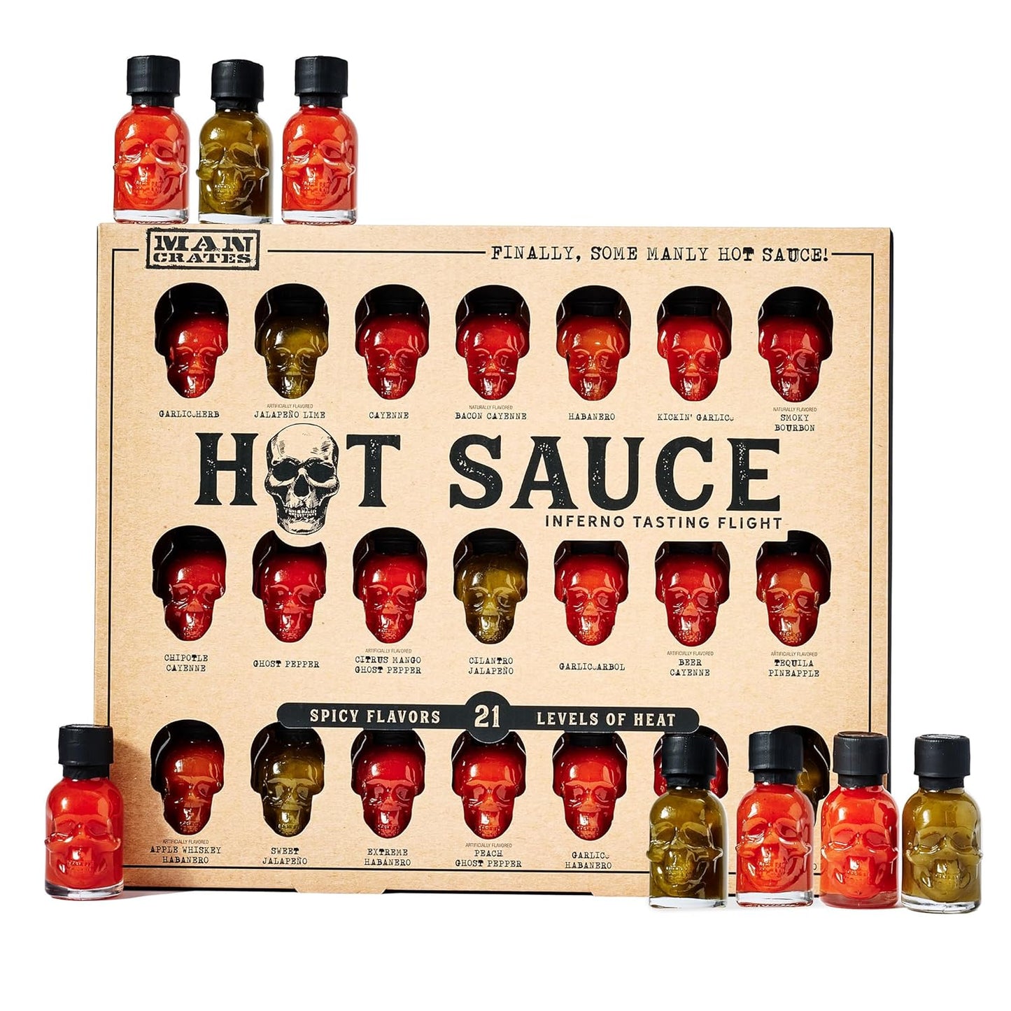Hot Sauce Inferno Flight with 21 Flavors in Skull Bottles