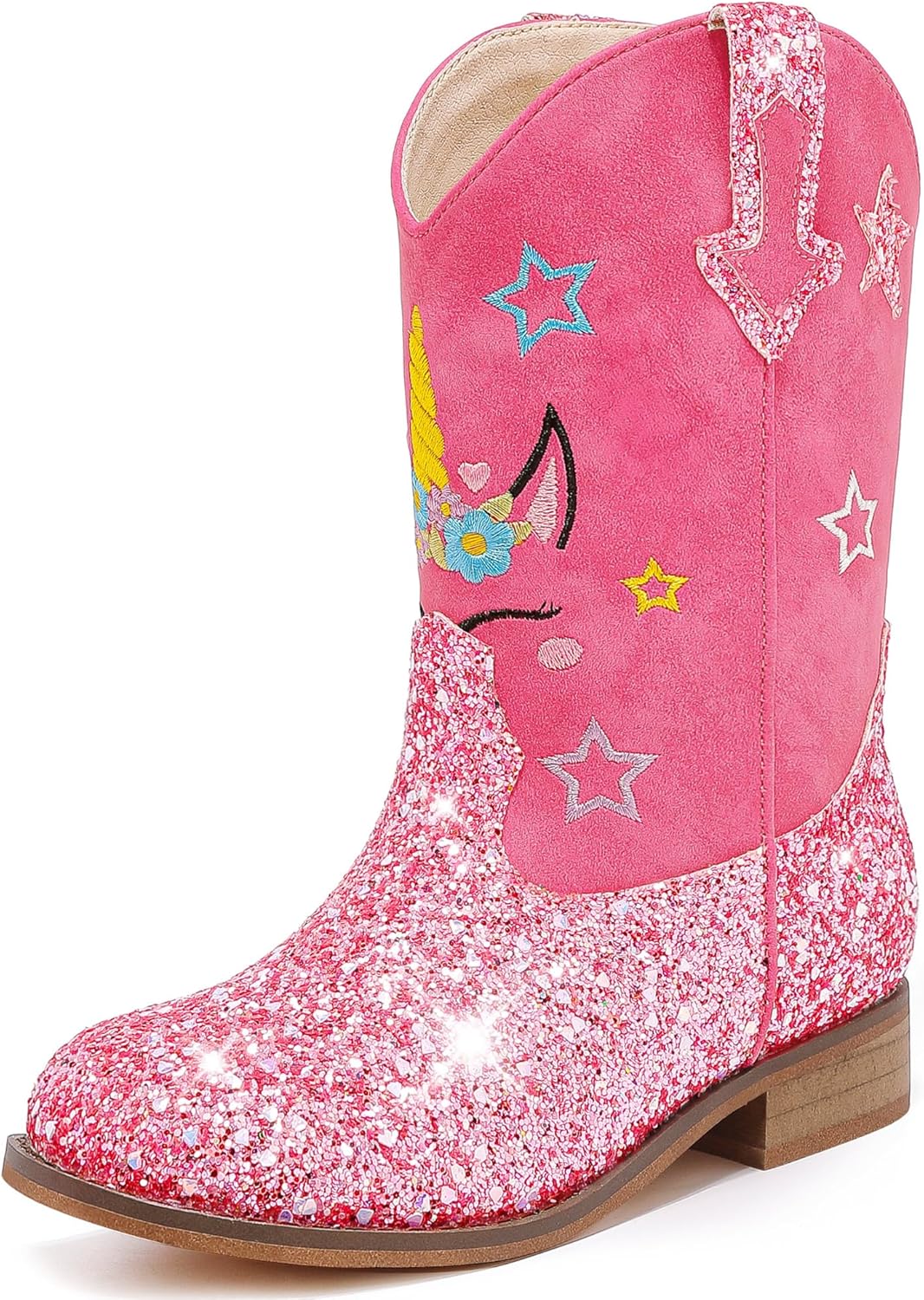 Unicorn Girls Cowgirl Boots Mid Calf Square Toe Glitter Fun