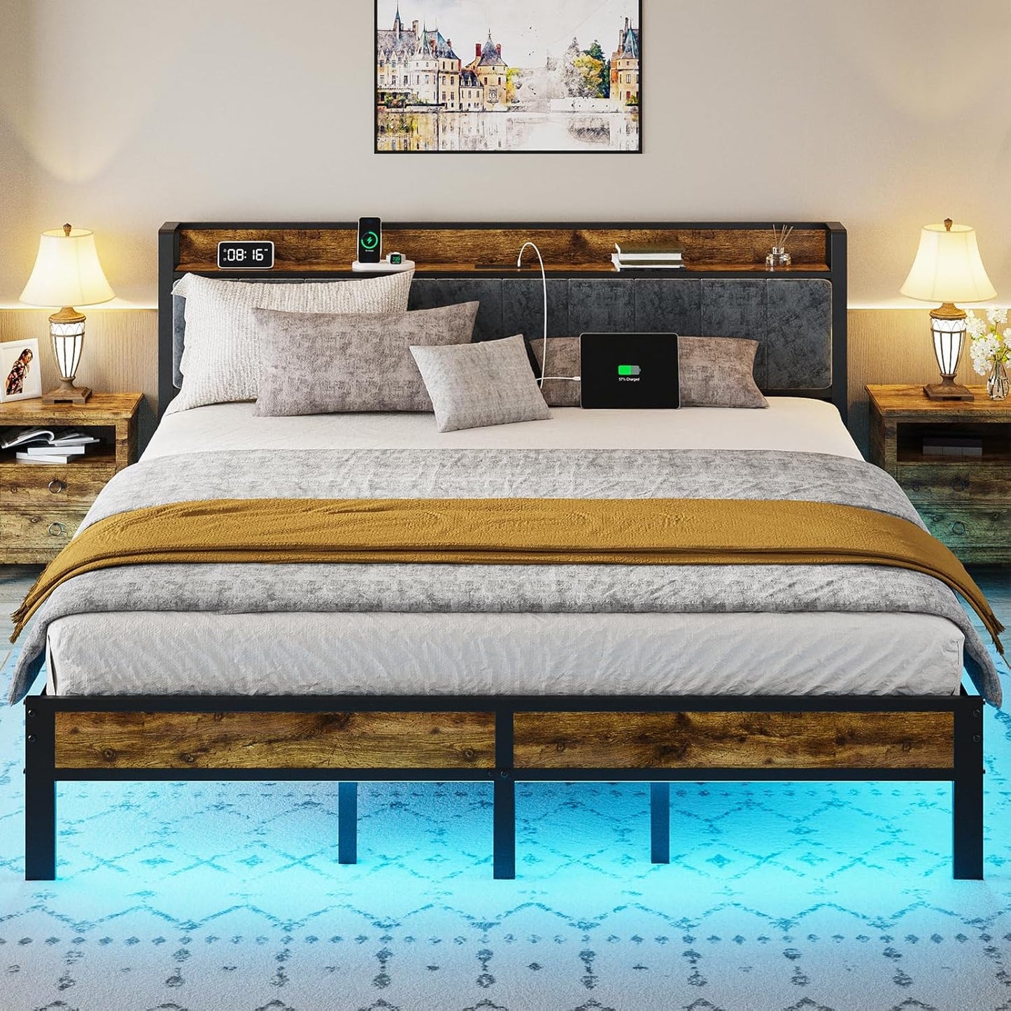 King Size Bed Frame with Smart LED Lights and Storage Headboard