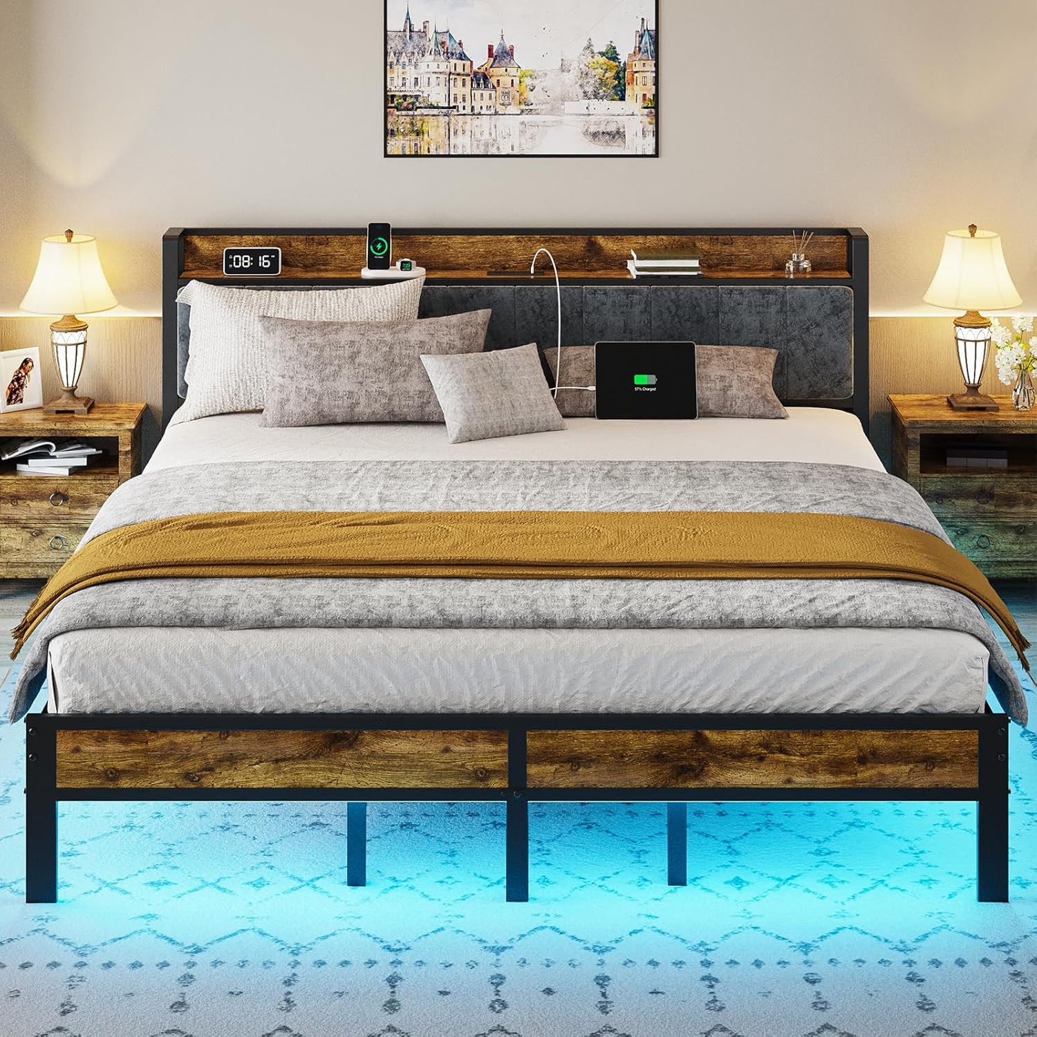 King Size Bed Frame with Smart LED Lights and Storage Headboard