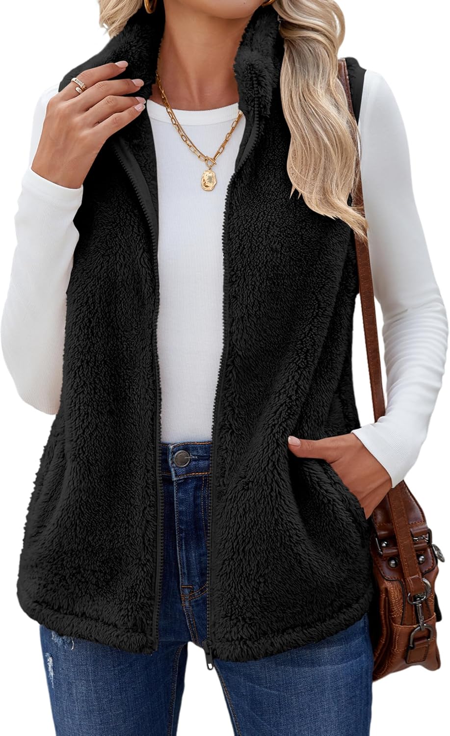 Cozy Sherpa Fleece Vest for Women - Lightweight Zip Up Jacket