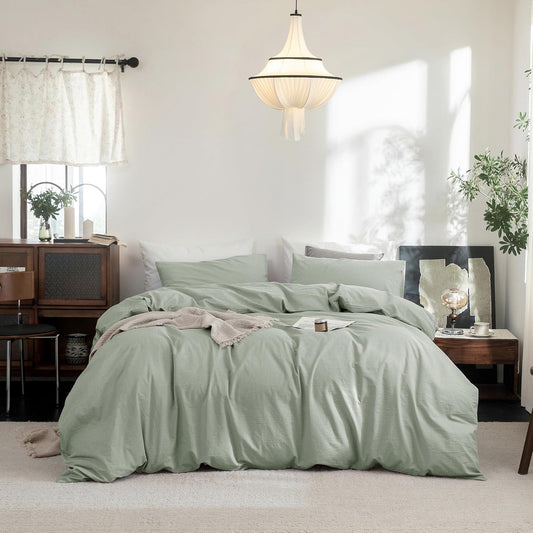 FOSSA Duvet Cover Set in Solid Sage Green for King Size Beds