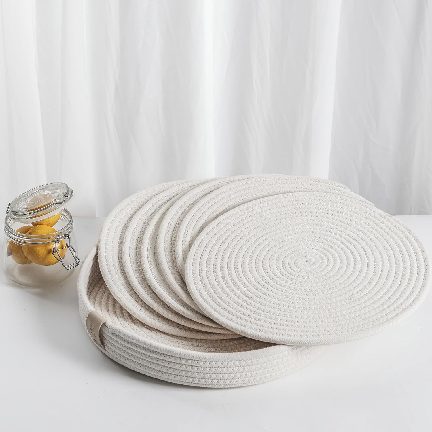 Woven Cotton Rope Round Placemats Set of 6 with Holder Included