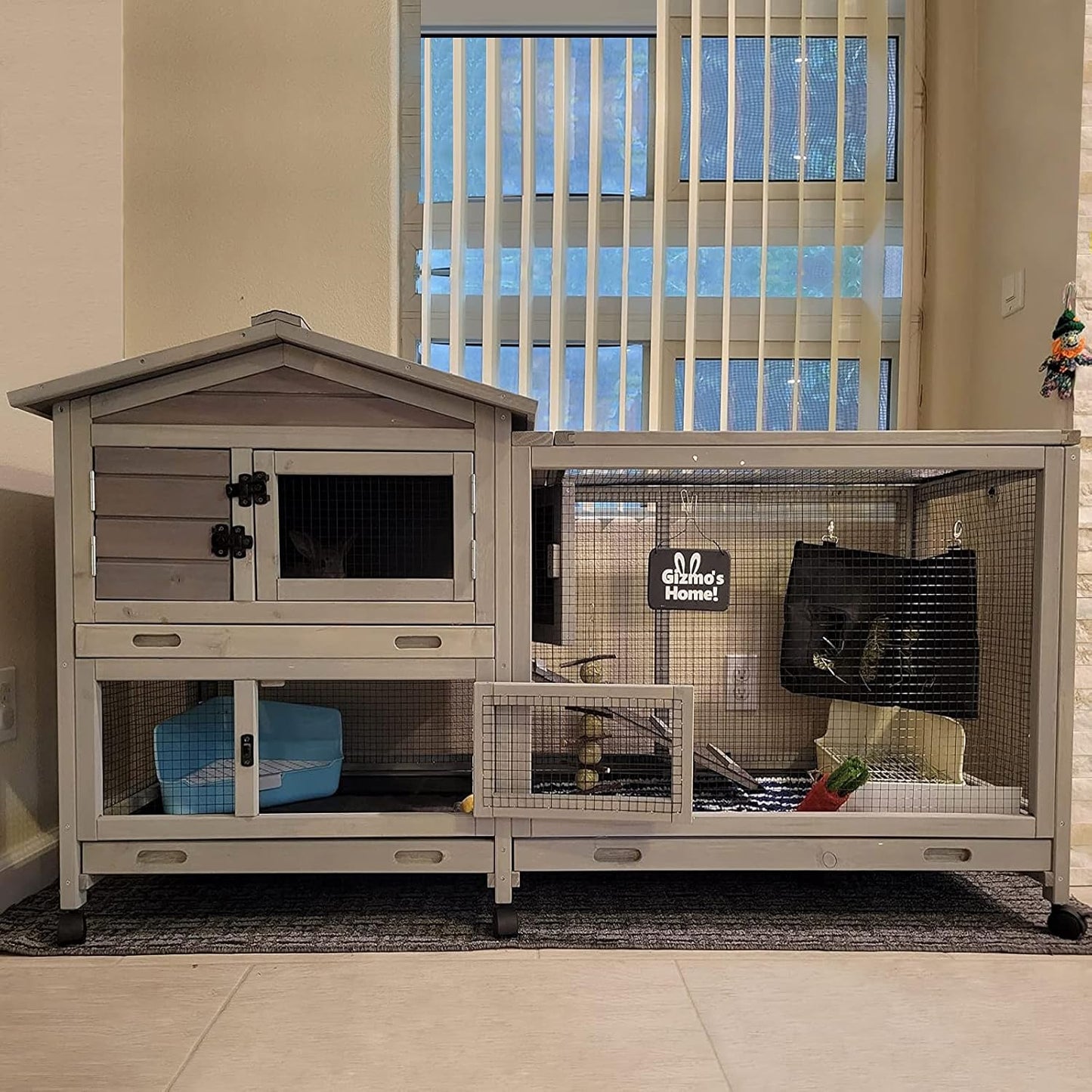 Indoor Outdoor Rabbit Hutch with Casters and Waterproof Roof