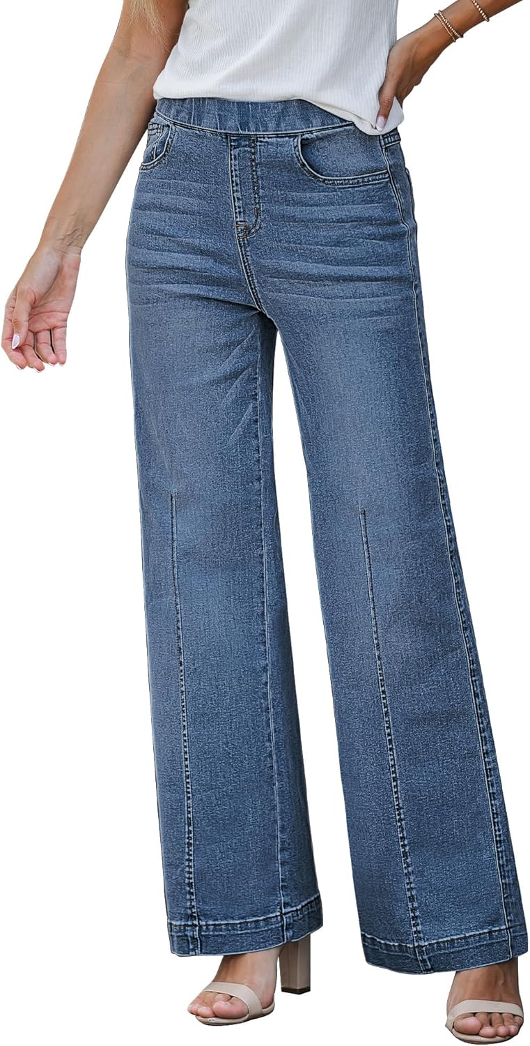GRAPENT Pull On Womens Jeans Baggy Stretchy High Waisted Denim