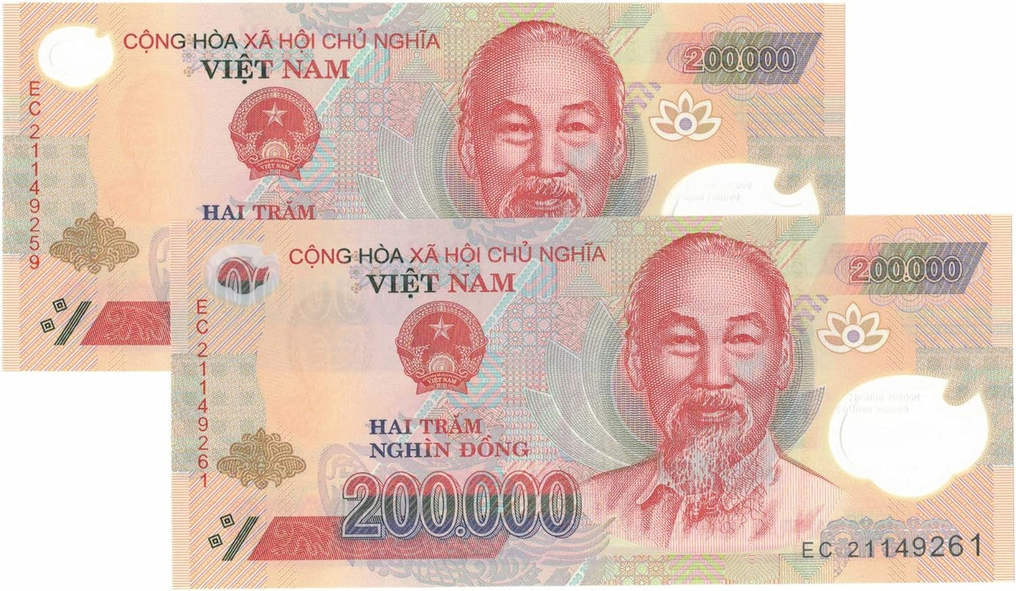 2 x 200,000 VND Uncirculated Banknotes for Collectors