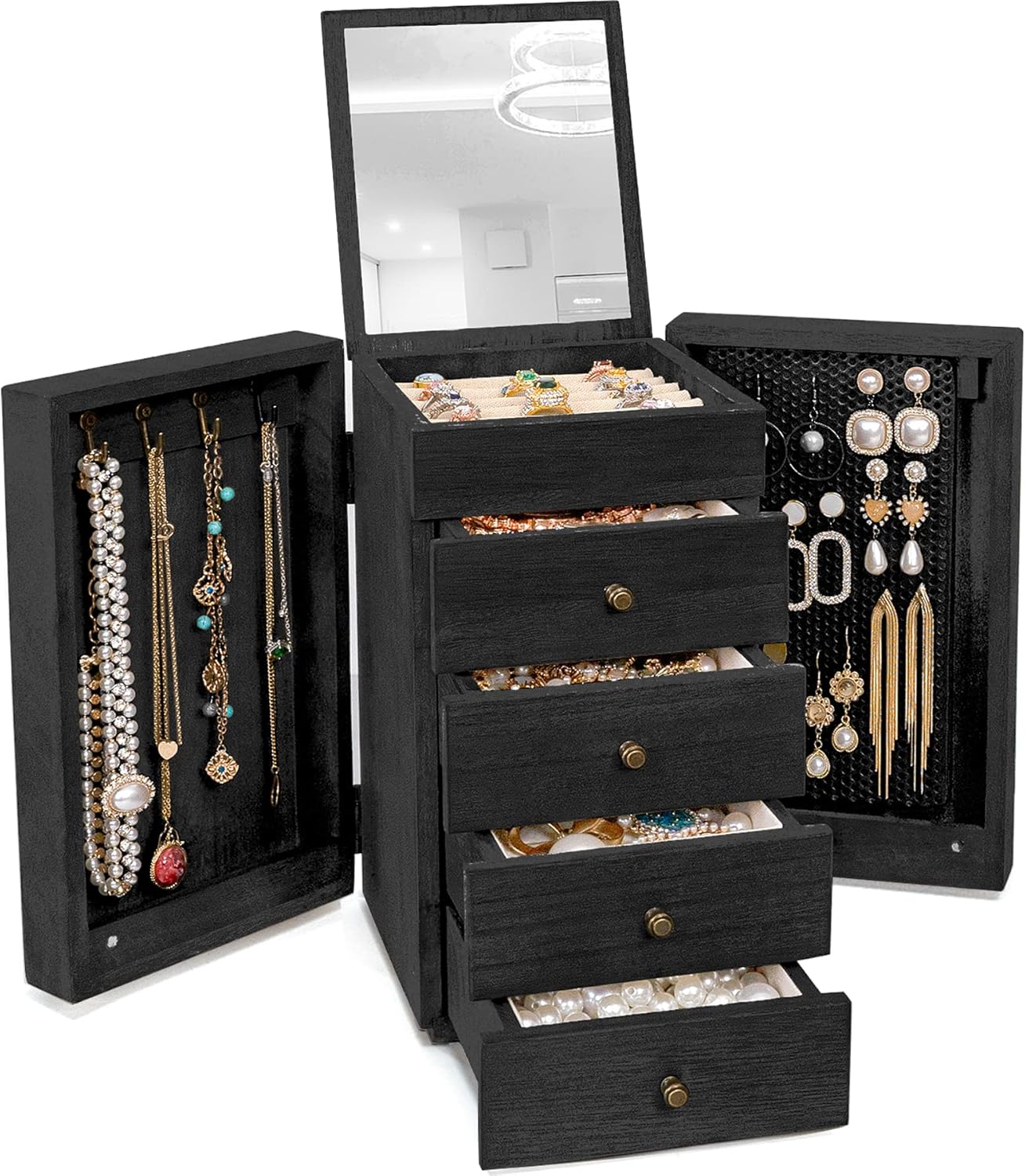Elegant 5-Layer Jewelry Box Organizer with Mirror & Drawers
