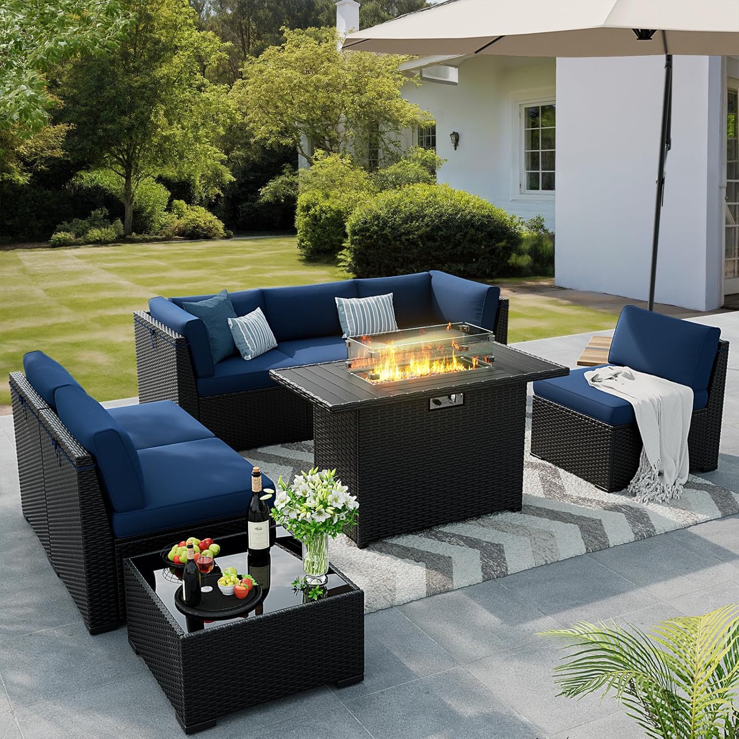 8 Pieces Outdoor Patio Furniture Set with Fire Pit Table