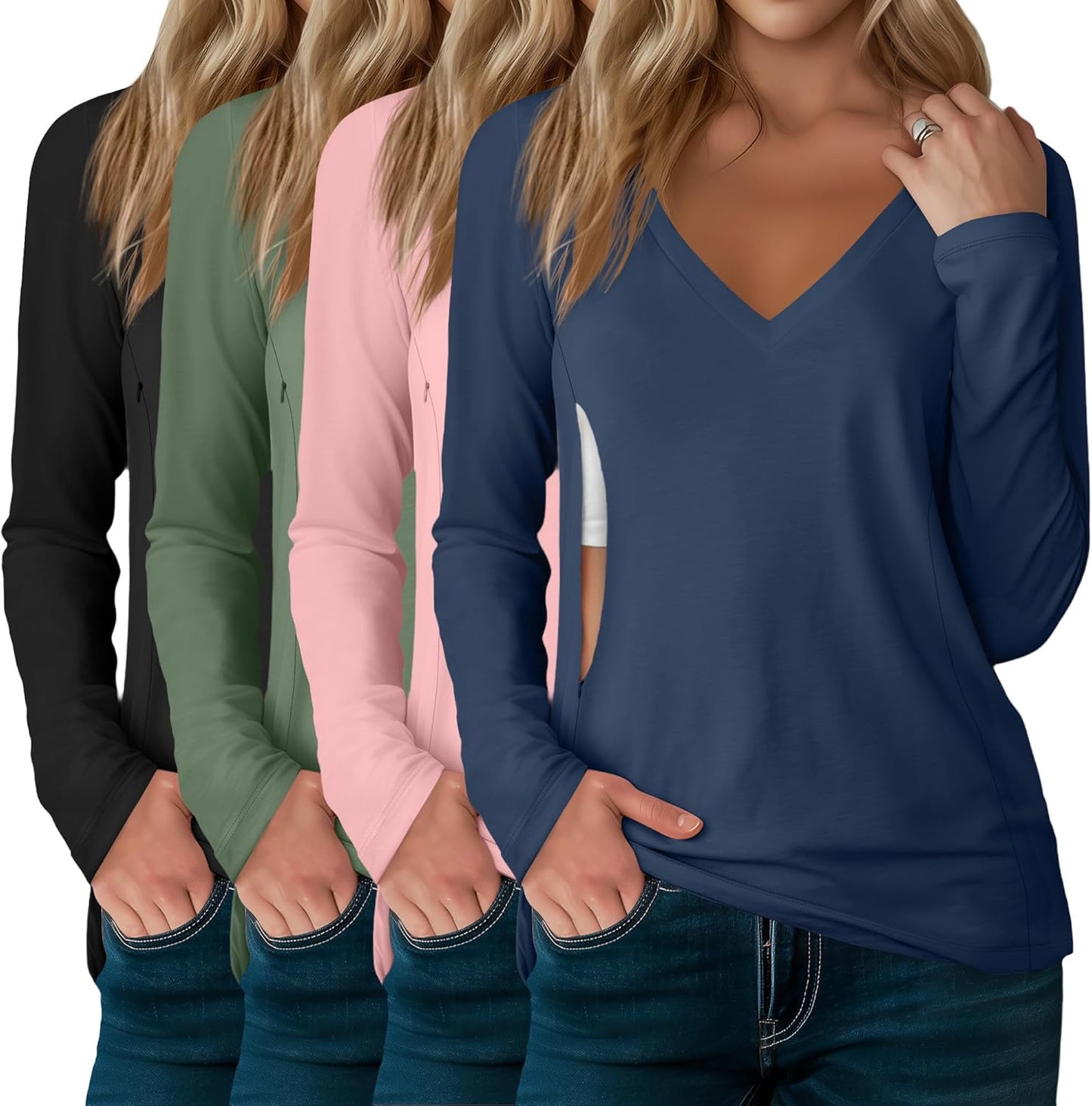 4 Pack Women's Long Sleeve Nursing Shirts for Breastfeeding Moms